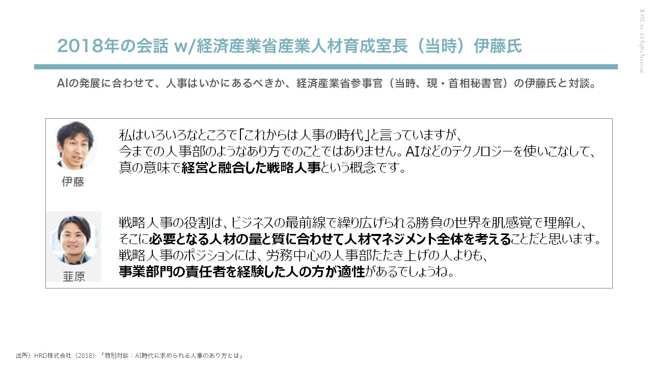 資料　2018年の会話 w/経済産業省産業人材育成室長（当時）伊藤氏　出所）HRD株式会社（2018）「特別対談：AI時代に求められる人事のあり方とは」